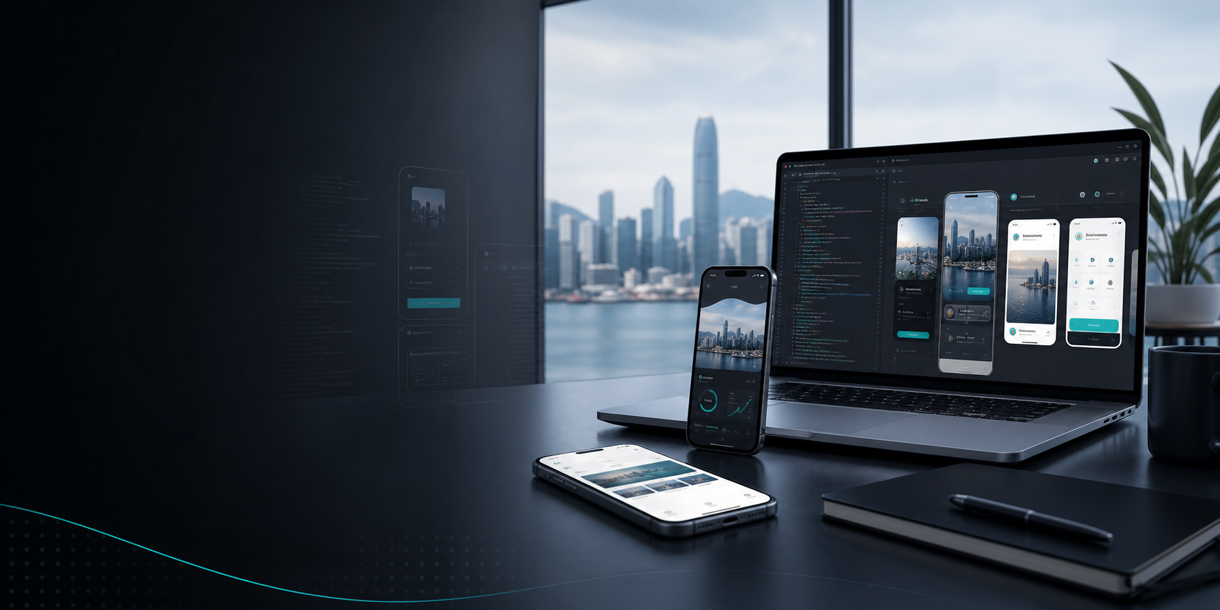 Modern iOS development studio with devices and Hong Kong skyline